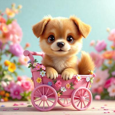 The primary subject of the image is a small dog sitting in a pink toy carriage. The setting is a garden with pink flowers surrounding the dog and the carriage. The visual style is a digital art illustration, creating a whimsical and playful atmosphere. The dominant colors are pink and white, with the pink flowers adding a touch of warmth and vibrancy to the scene.